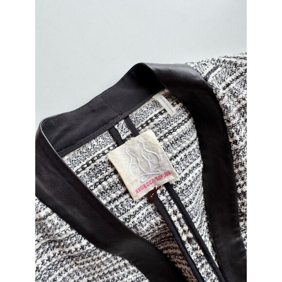 REBECCA TAYLOR Grey Striped Cotton Tweed Leather Trim Peplum Blazer, Size 6 - Picture 14 of 16